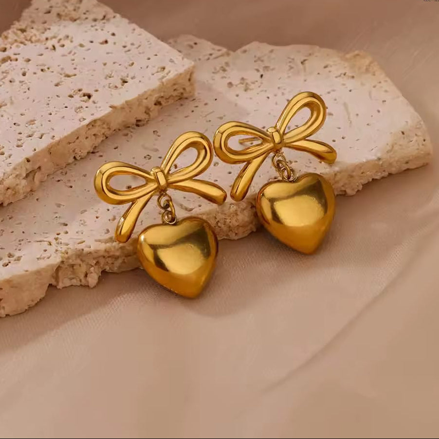 steel heart bow earrings