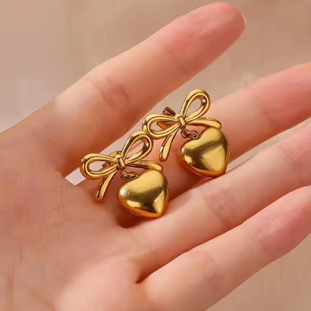 steel heart bow earrings